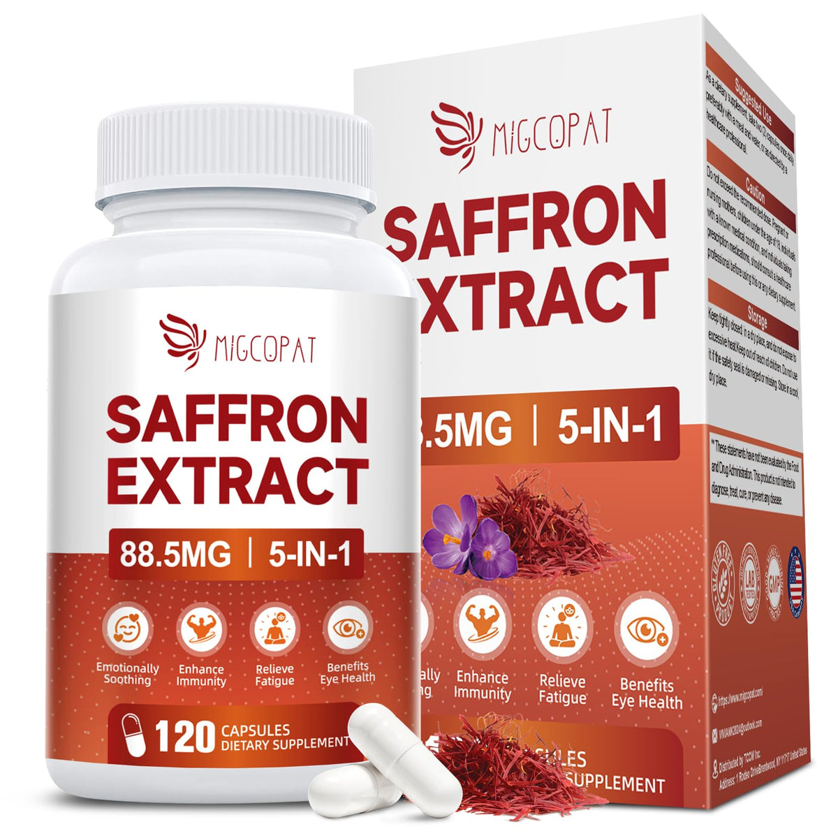 Migcopat saffron 5-in-1 mood bottle close-up showing the blend for daily emotional balance