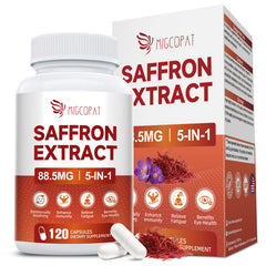 Migcopat saffron 5-in-1 mood bottle close-up showing the blend for daily emotional balance
