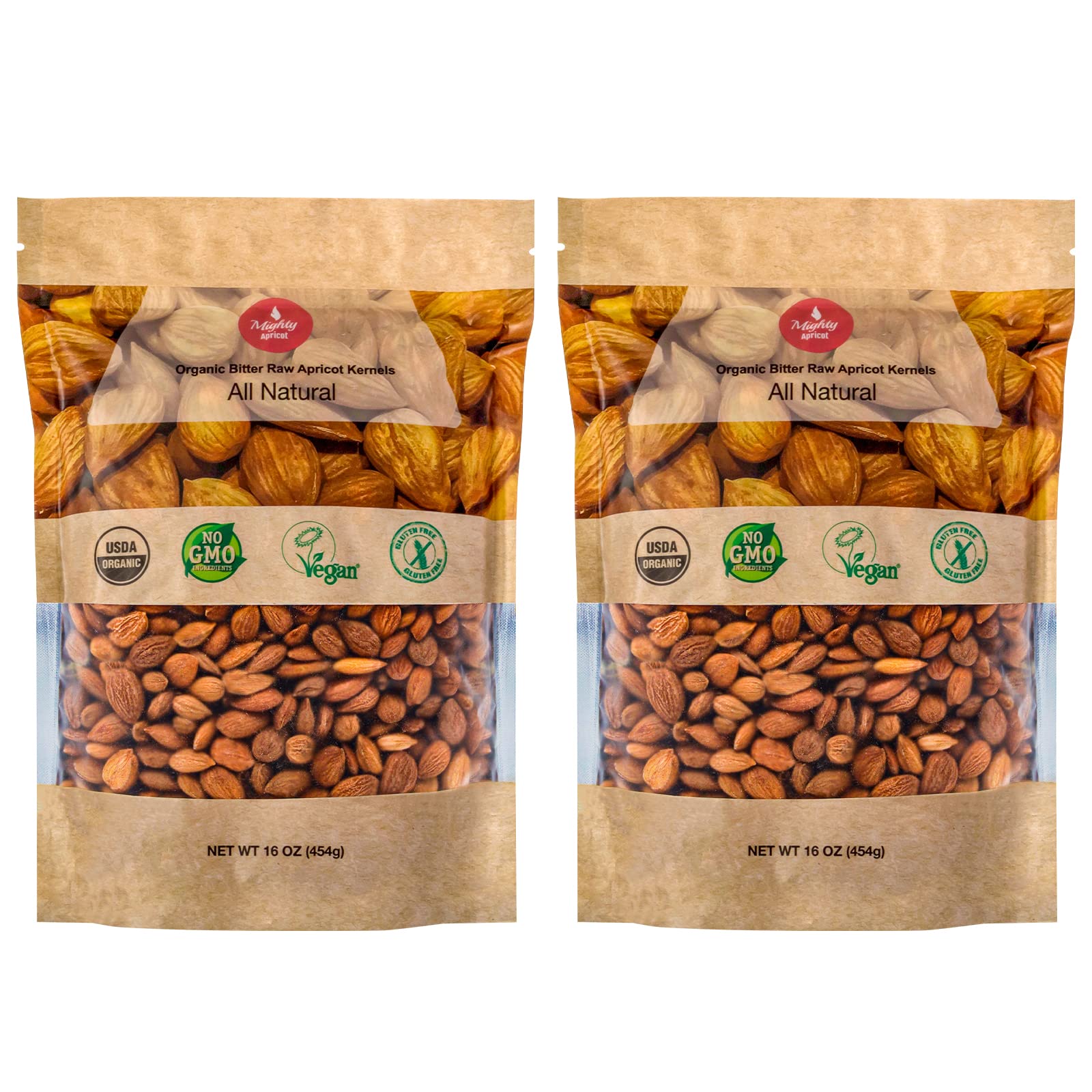 Mighty Apricot bitter apricot kernels in a resealable package for pantry storage.