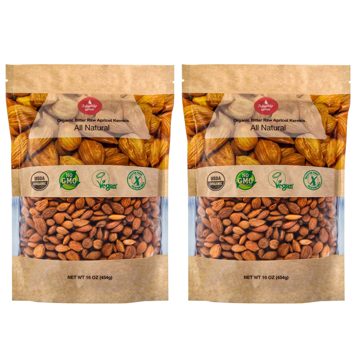 Mighty Apricot bitter apricot kernels in a resealable package for pantry storage.
