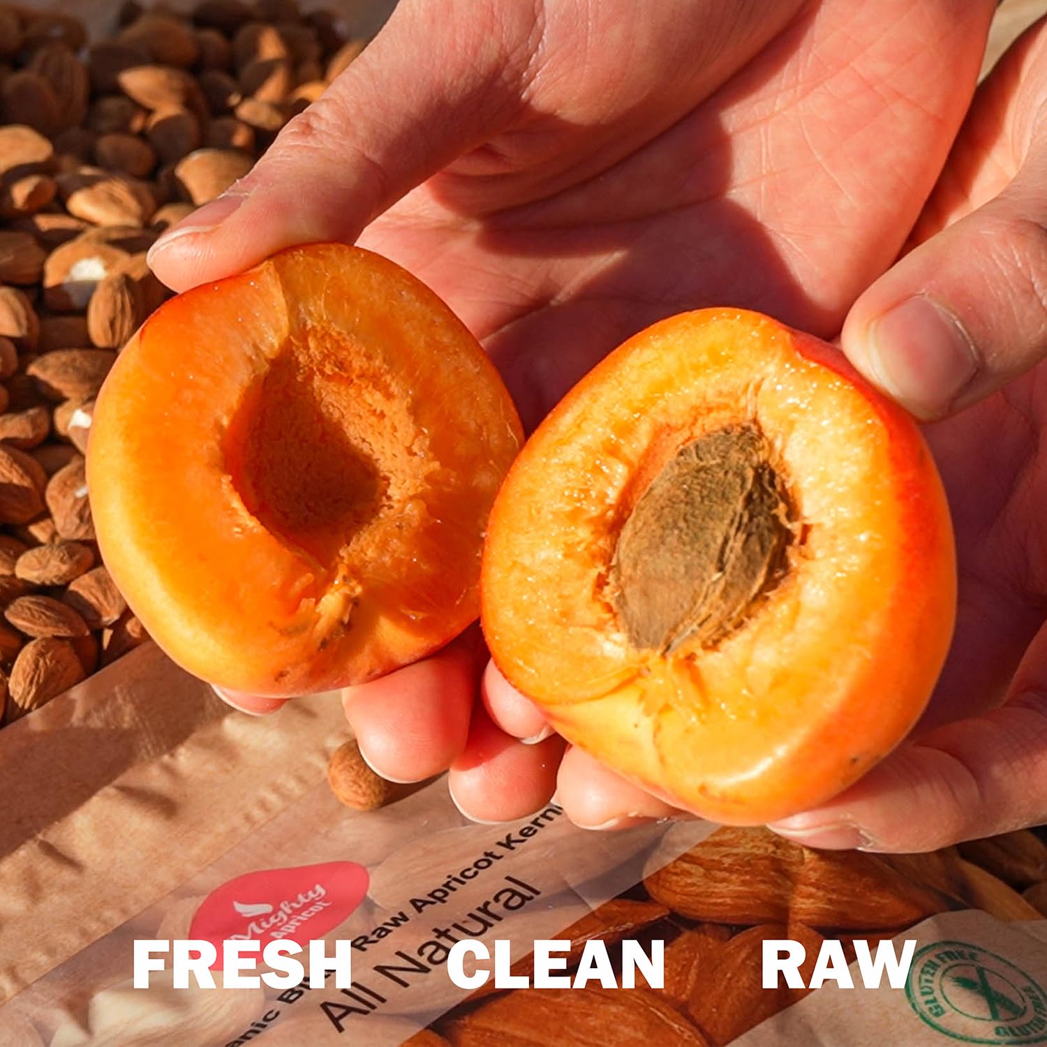 Nutrition panel highlights vitamins in Mighty Apricot kernels for informed snacking.