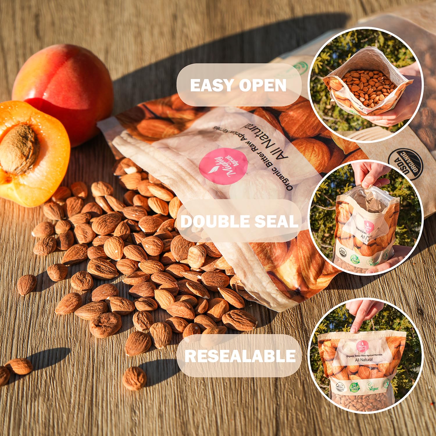 Two-pack Mighty Apricot kernels packaging for pantry convenience and value.