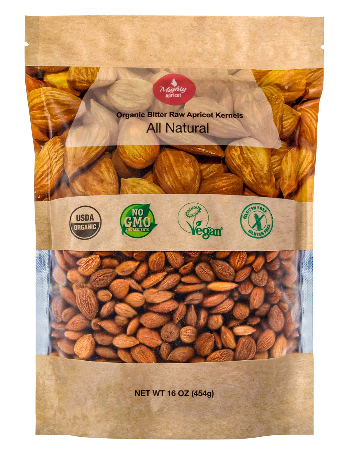 Mighty Apricot USDA Organic Bitter Apricot Kernels packaging - premium, organic source for everyday snacking.