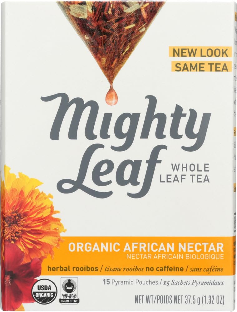 Mighty Leaf African Nectar tea pouch ready for brewing and fruity rooibos aroma.