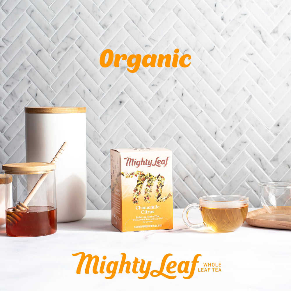 Gift-ready Mighty Leaf chamomile citrus tea packaging ideal for thoughtful gifts.