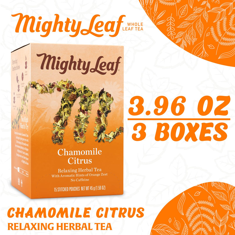 Mighty Leaf chamomile citrus tea pyramid bags ready for quick, caffeine-free steeping.