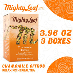 Mighty Leaf chamomile citrus tea pyramid bags ready for quick, caffeine-free steeping.