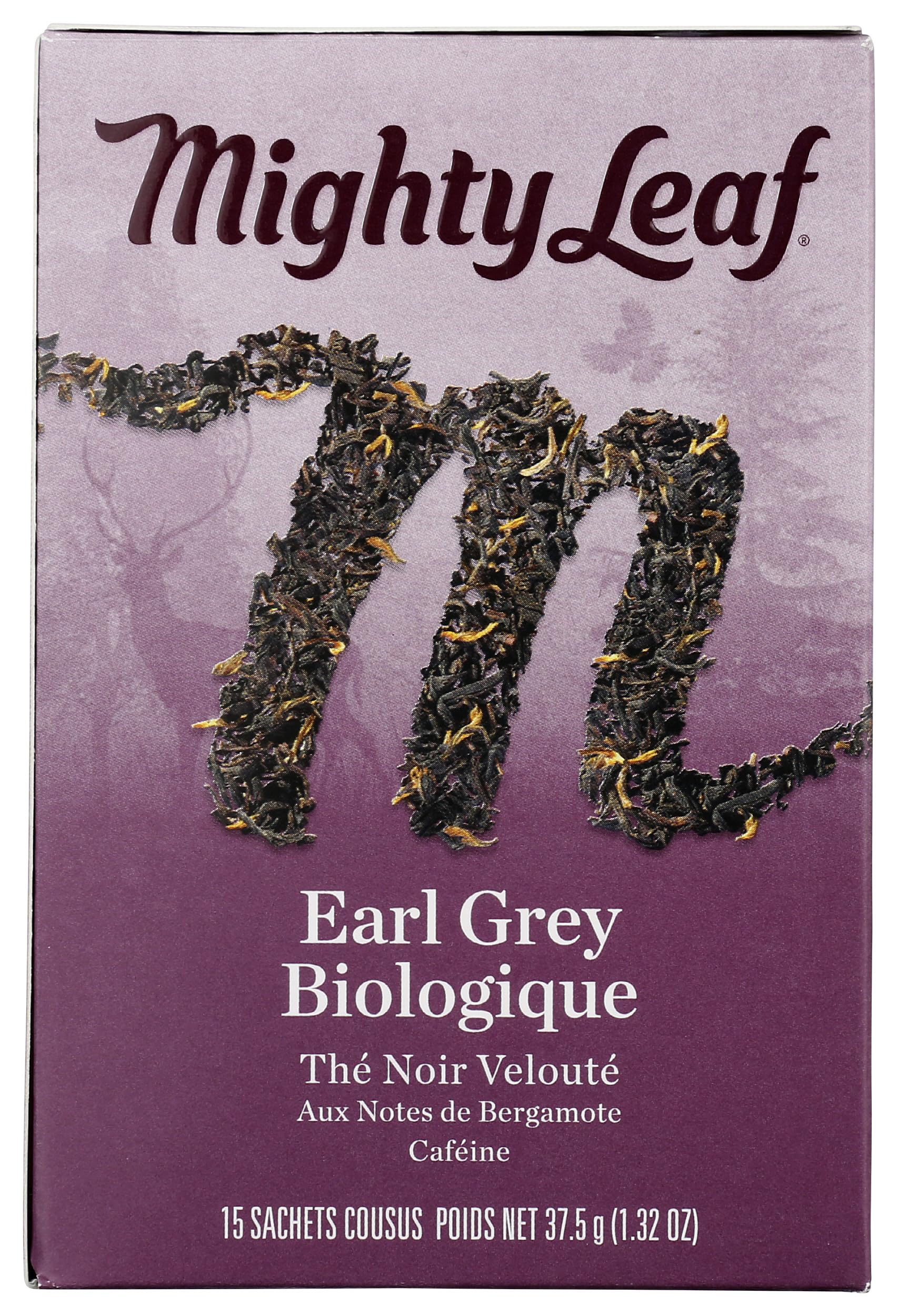 Mighty Leaf Earl Grey tea bags closeup shows stitching and premium bergamot aroma.
