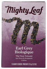 Mighty Leaf Earl Grey tea bags closeup shows stitching and premium bergamot aroma.