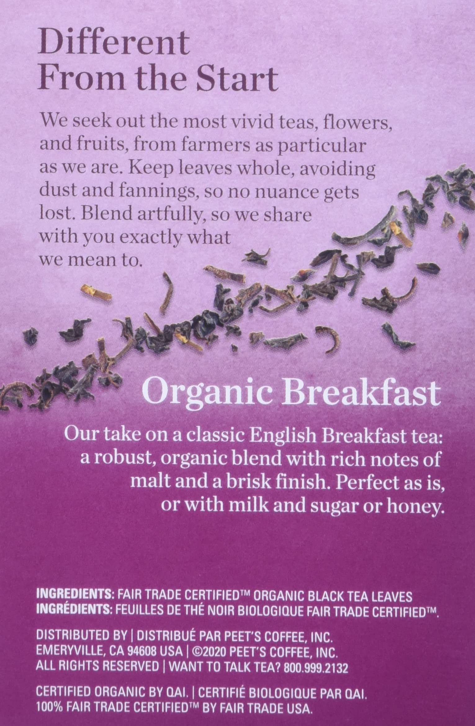 Fair Trade label on Mighty Leaf Organic Breakfast packaging.