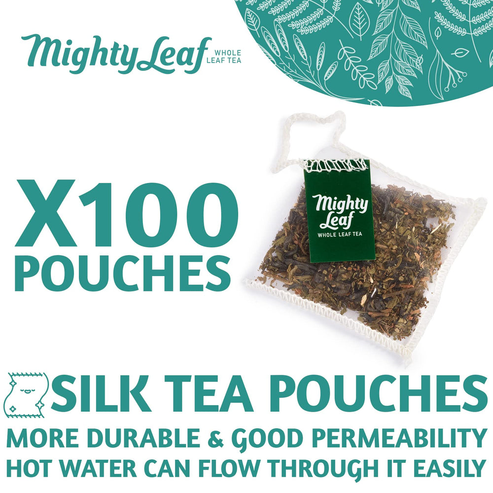 Foil-wrapped Mighty Leaf Marrakesh Mint pouches lock in aroma for freshness.