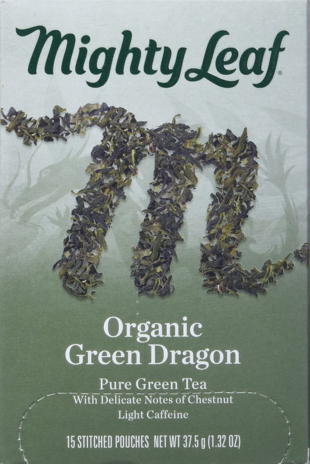 Mighty Leaf Green Dragon tea bag close-up showing premium infusion.