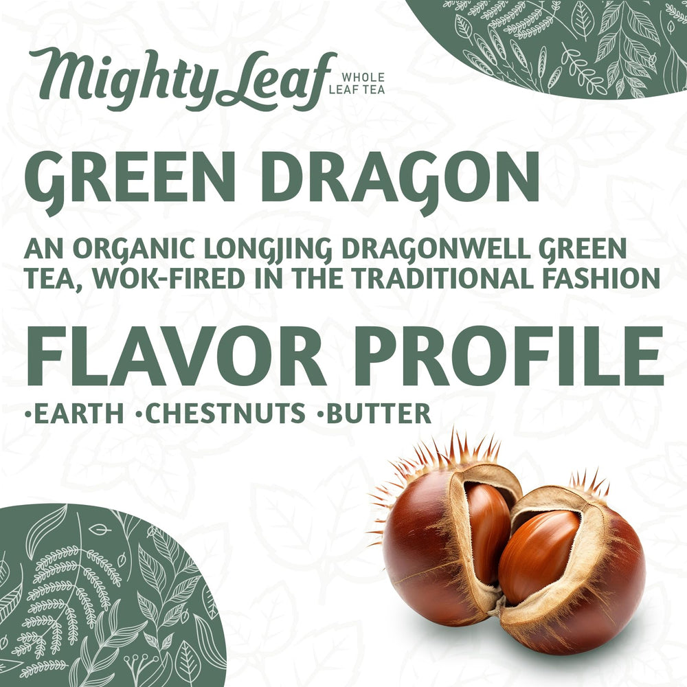 Mighty Leaf Green Dragon Tea brewed cup showing smooth body and floral finish.