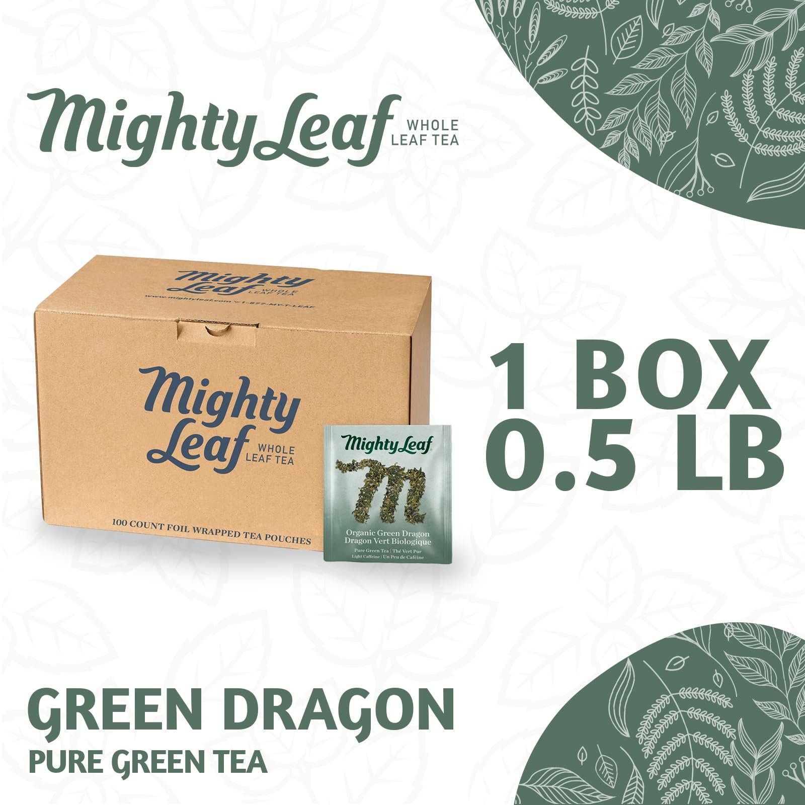 Mighty Leaf Green Dragon Tea silk silken pouches enabling full-leaf infusion.