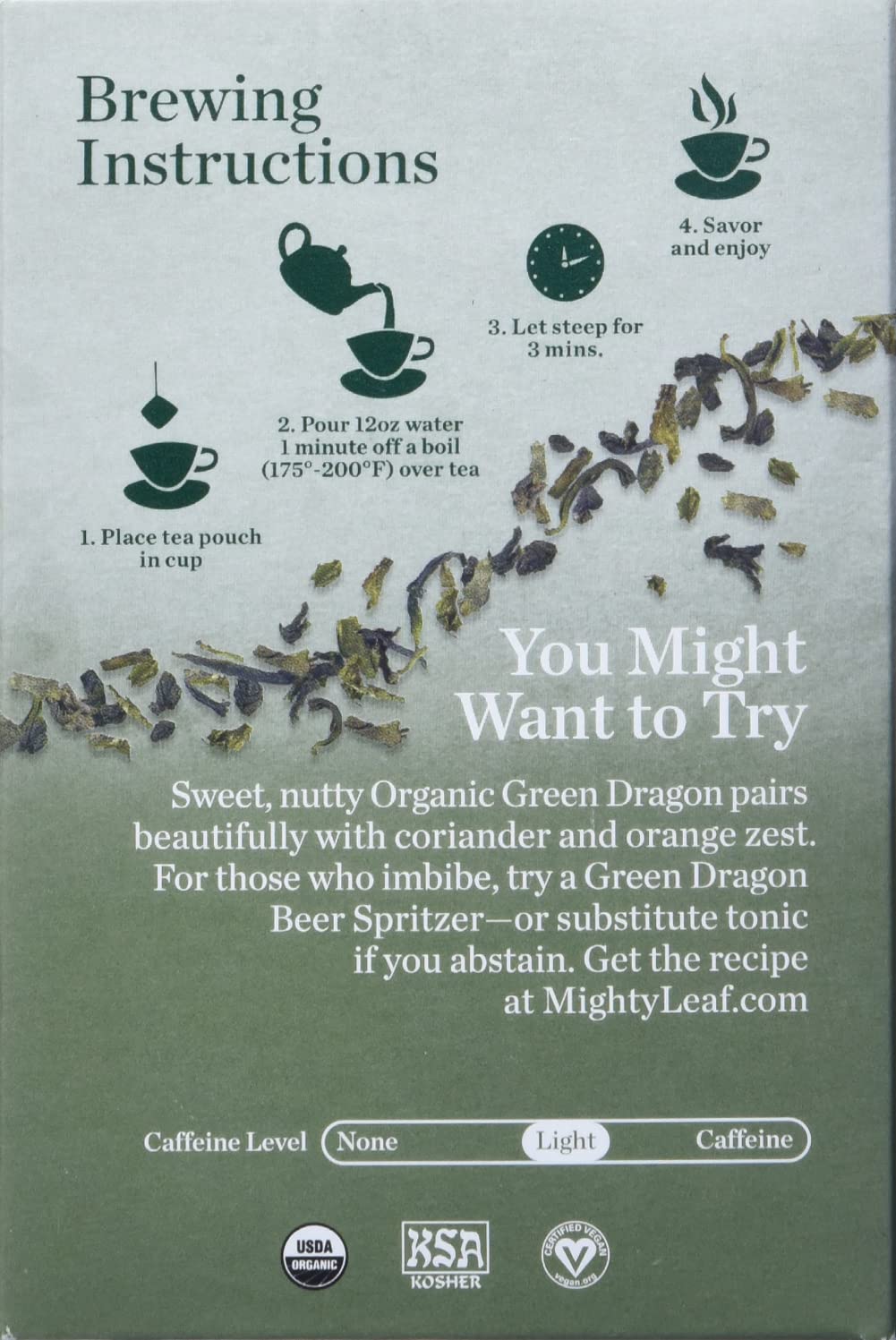 Mighty Leaf Green Dragon tea bag steeping releases chestnut aroma.