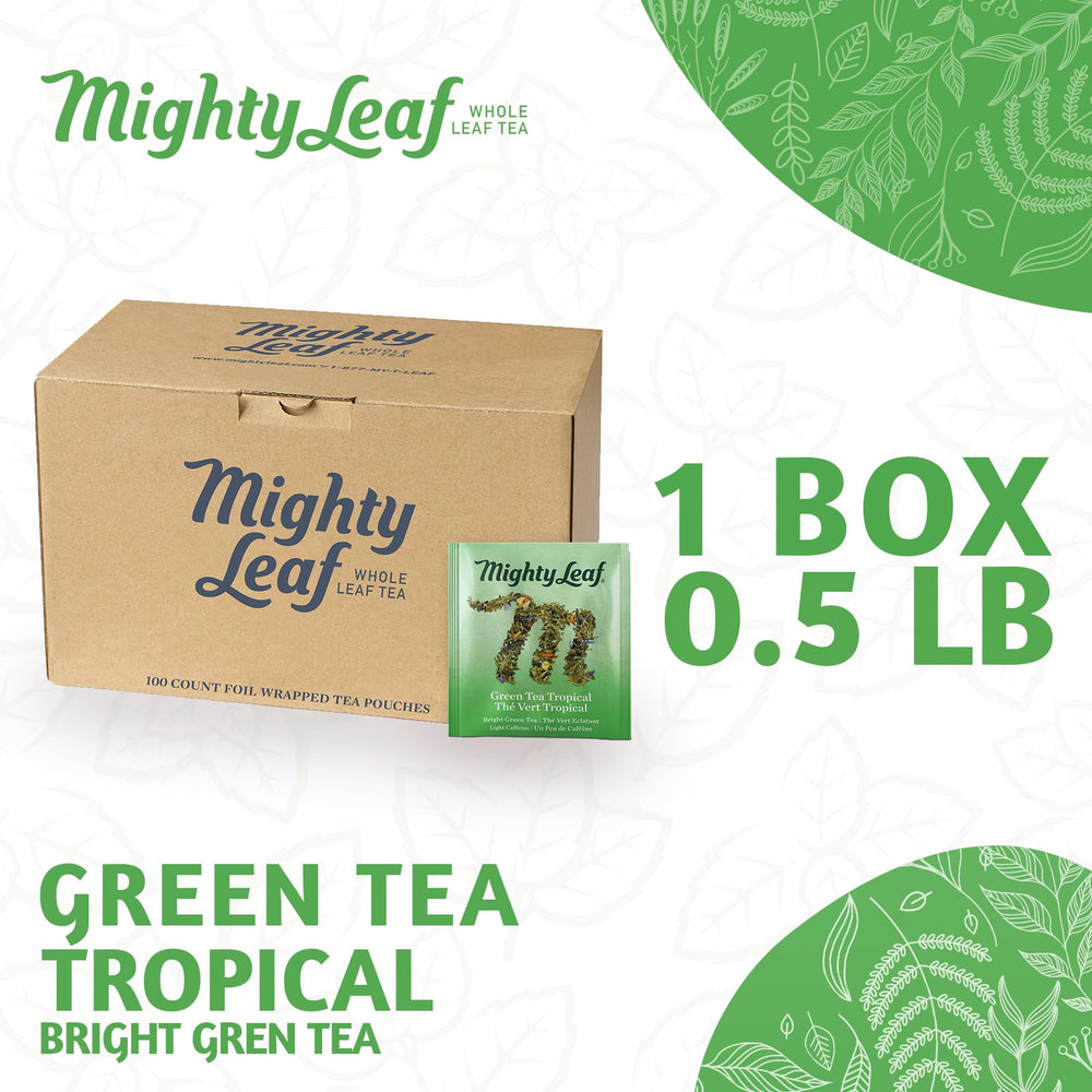 Mighty Leaf Green Tea Tropical silk pyramid bag brewing a rich cup.