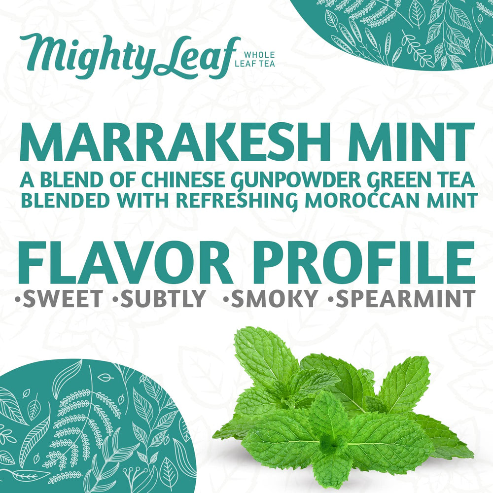 Hot or iced brewing with Mighty Leaf Marrakesh Mint for versatile refreshment.