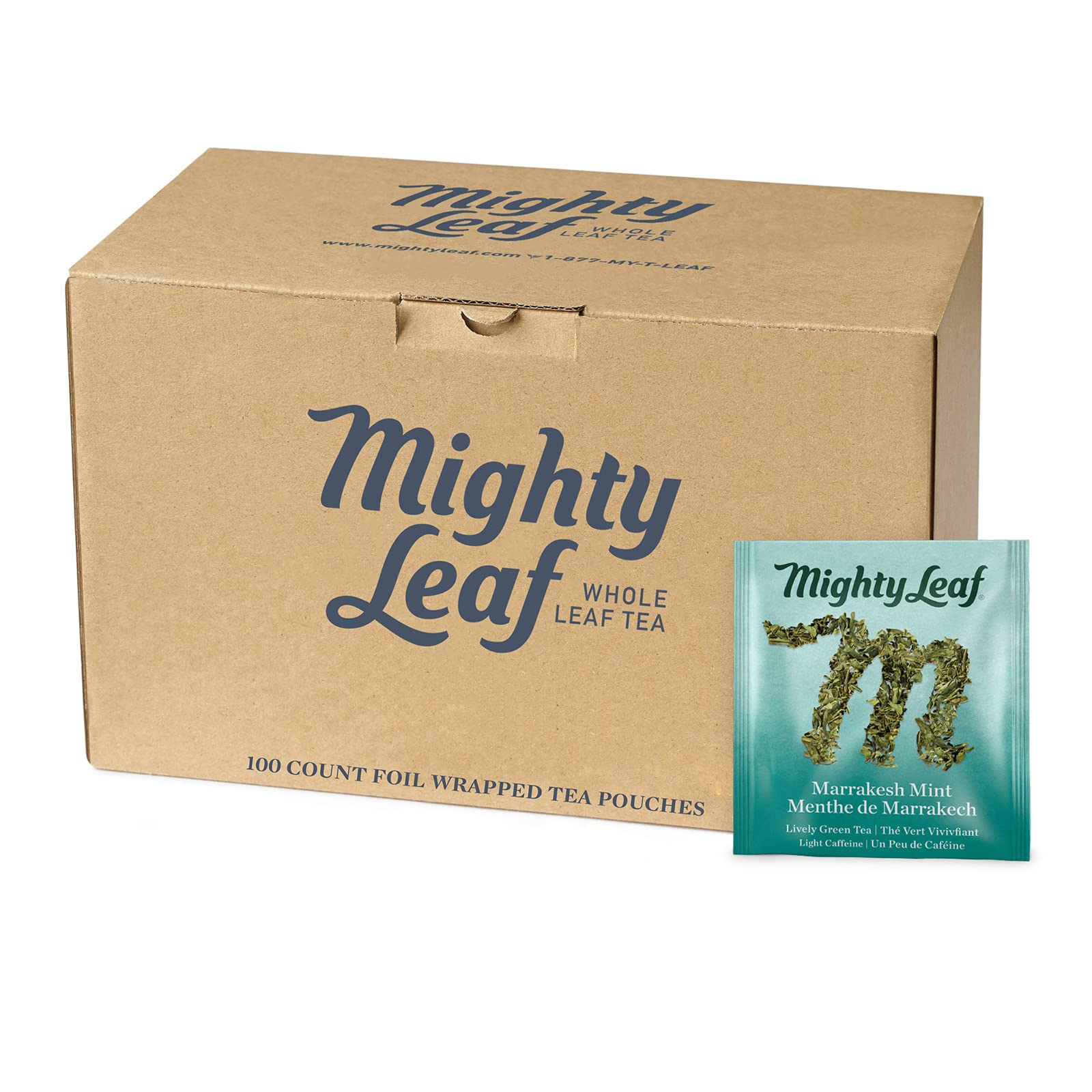 Mighty Leaf Marrakesh Mint tea pouches in foil wrap preserve freshness for a crisp brew.