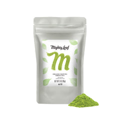 Mighty Leaf matcha powder close-up with vibrant green color for ceremonial-style tea