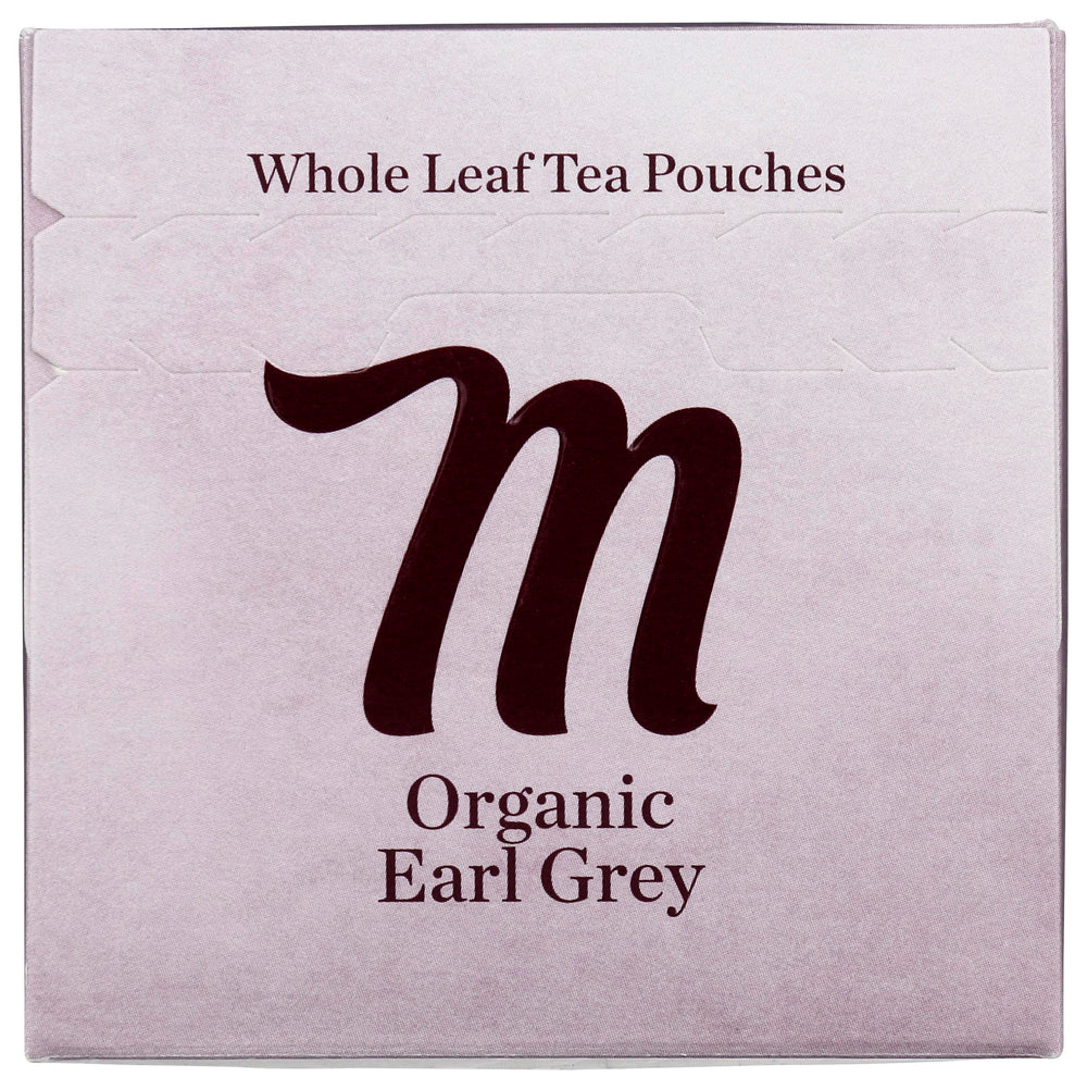 Mighty Leaf Organic Earl Grey tea bags label detail highlights organic sourcing for mindful moments.