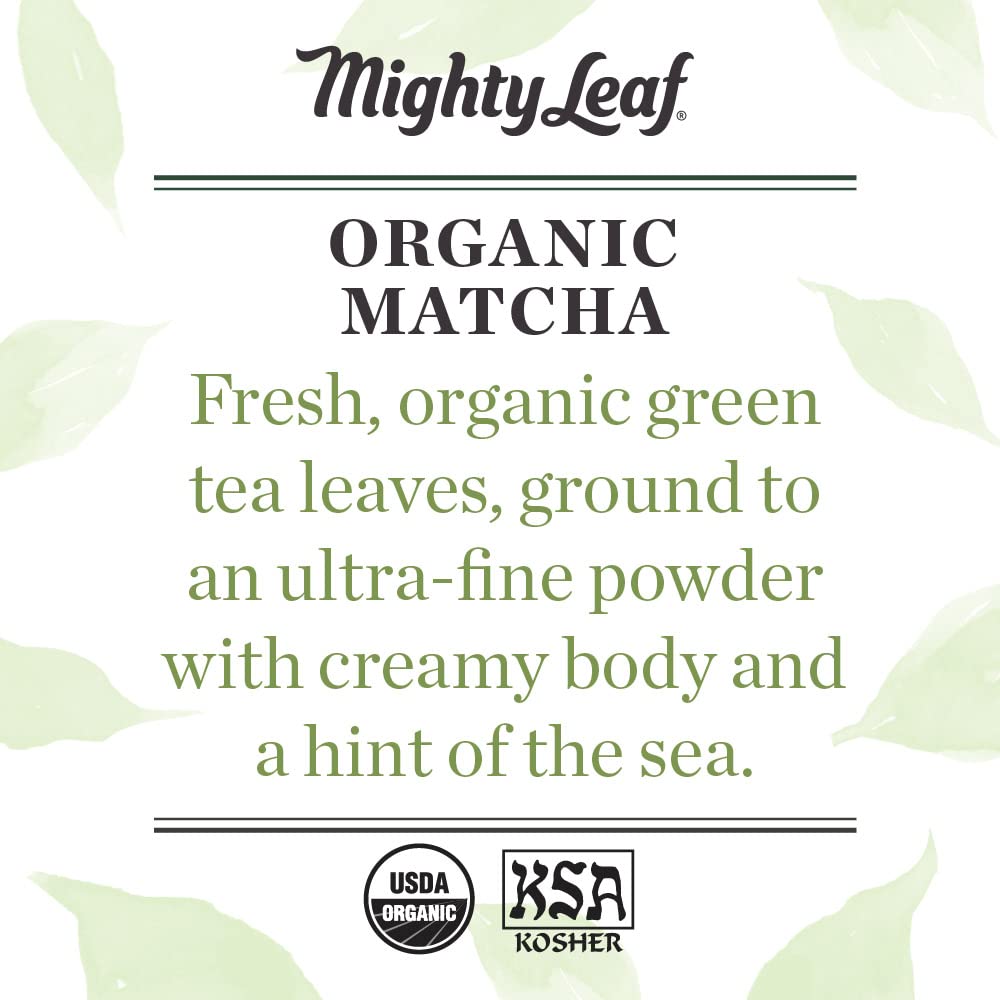 Mighty Leaf organic matcha green tea bag close-up signaling premium unsweetened powder