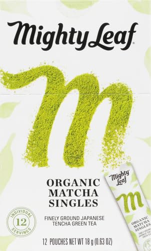 Mighty Leaf organic matcha powder close-up shows vibrant green color and fine texture.