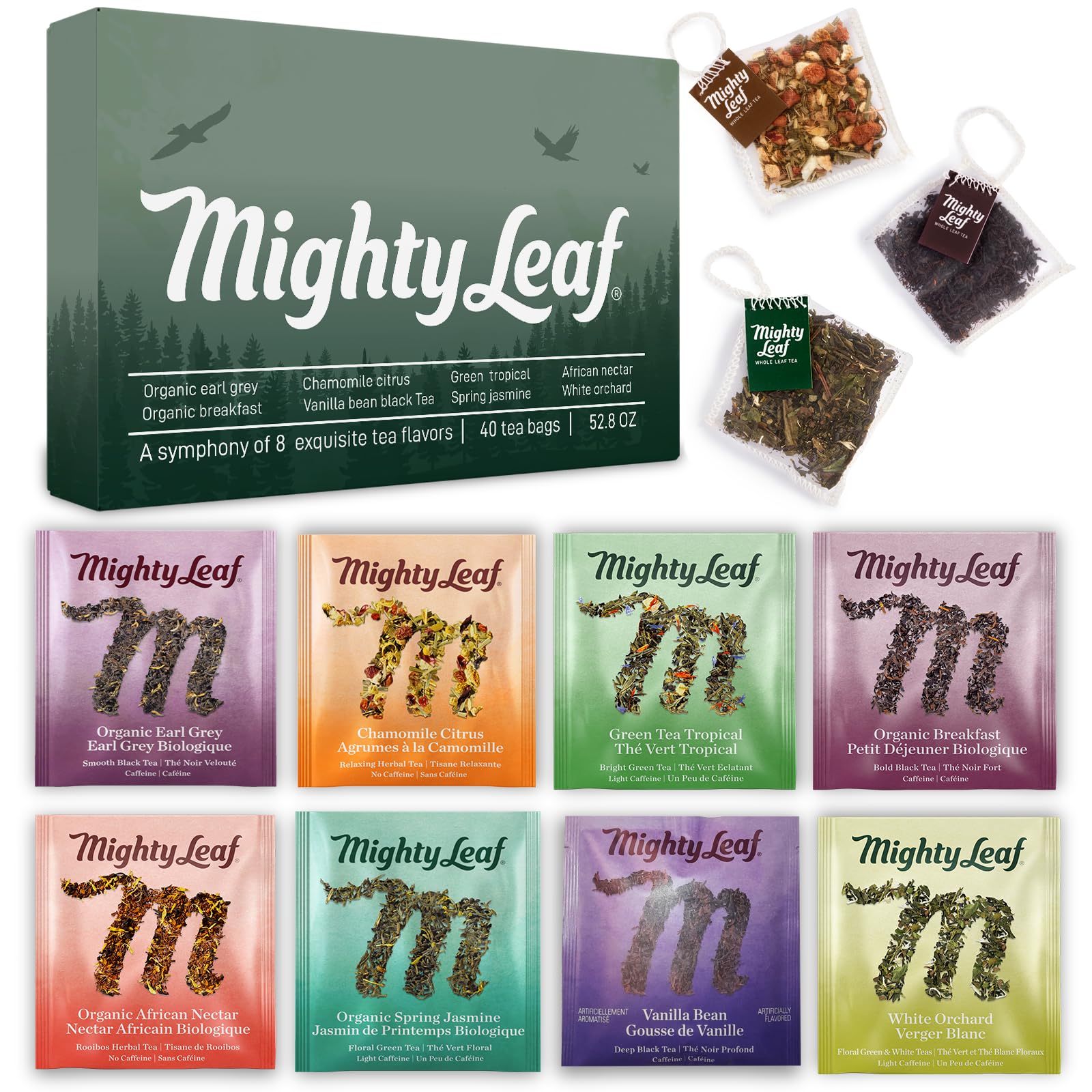 Mighty Leaf organic tea sampler box with silken bags, ideal for gifting.