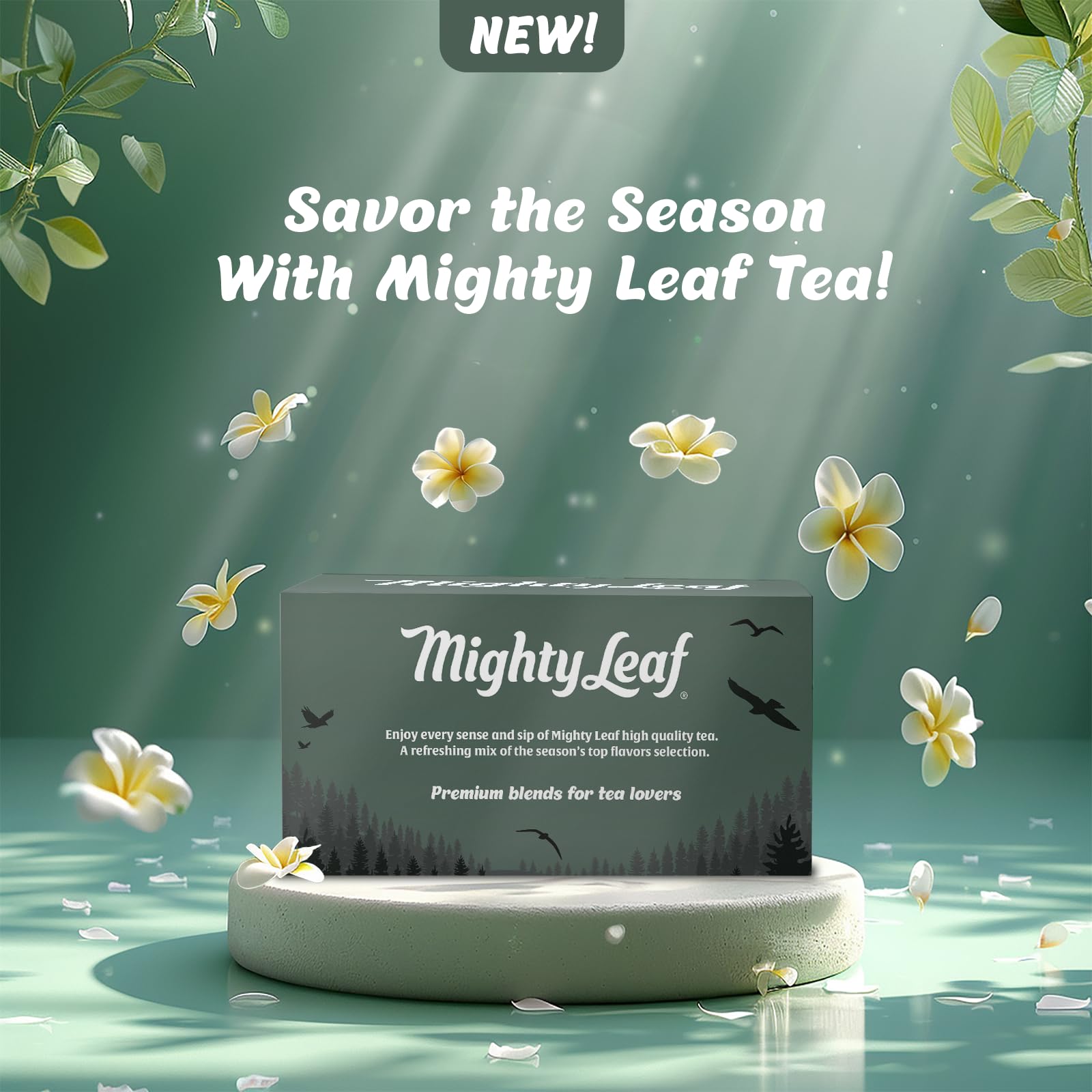 Mighty Leaf silken pyramid bags closeup, highlighting premium flavor release.