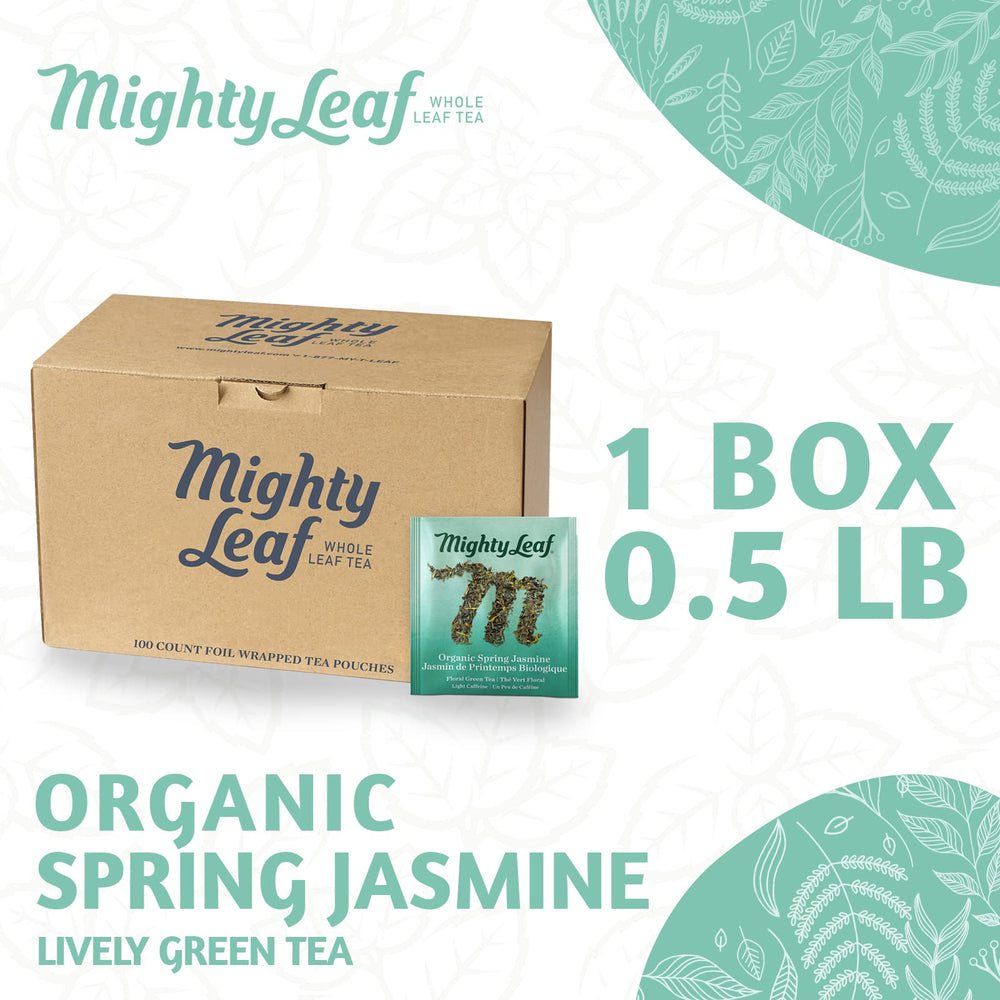 Mighty Leaf Whole Leaf Green Tea with jasmine blooms for a refined, aromatic cup.