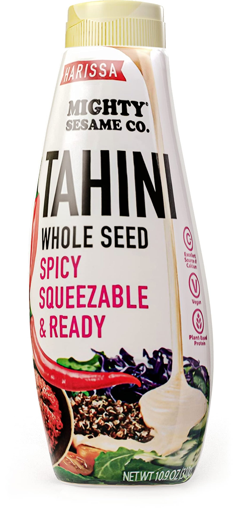 Mighty Sesame Co. harissa tahini squeeze bottle adds bold flavor to salads and sandwiches.
