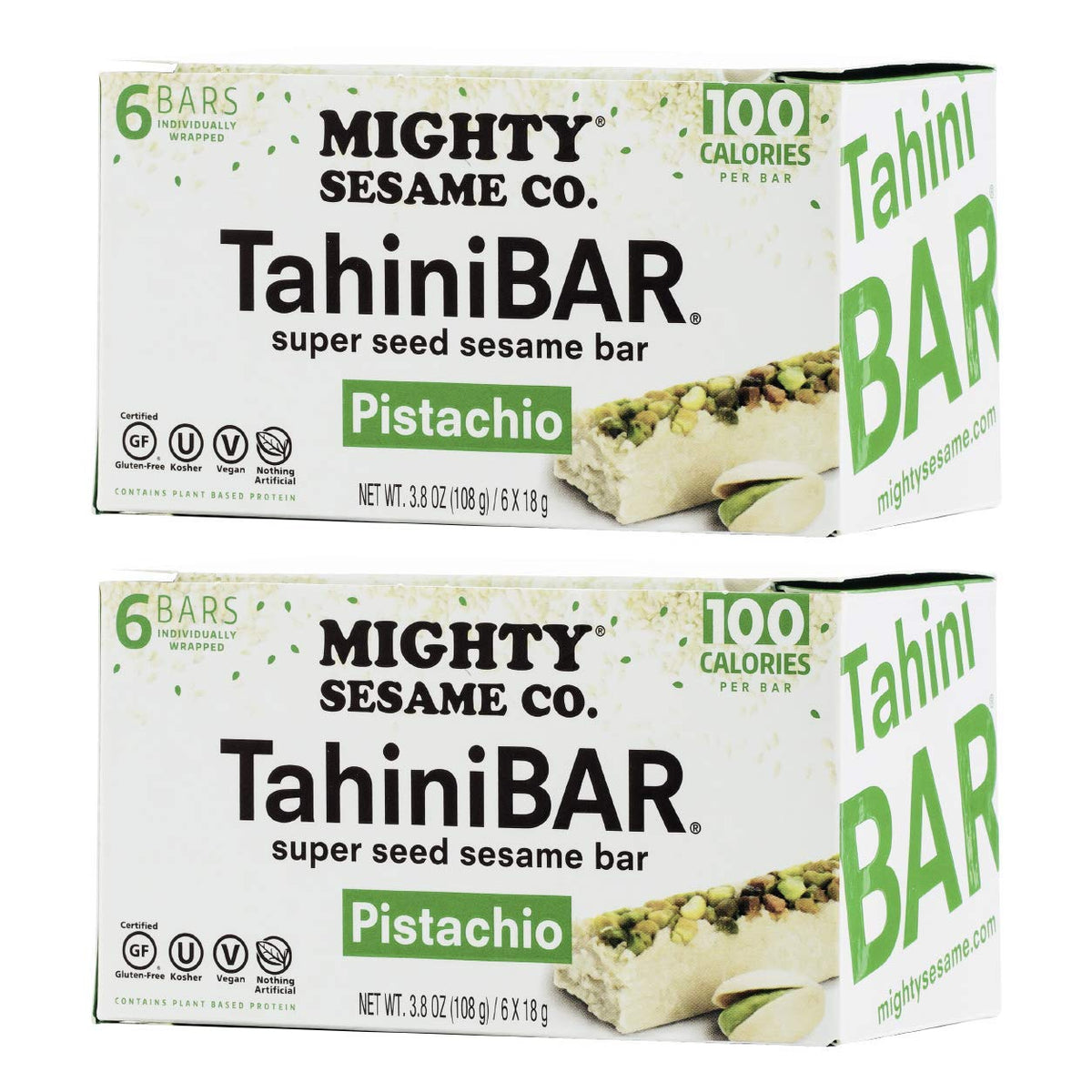 Mighty Sesame TahiniBars Pistachio pack front, gluten-free vegan snack.