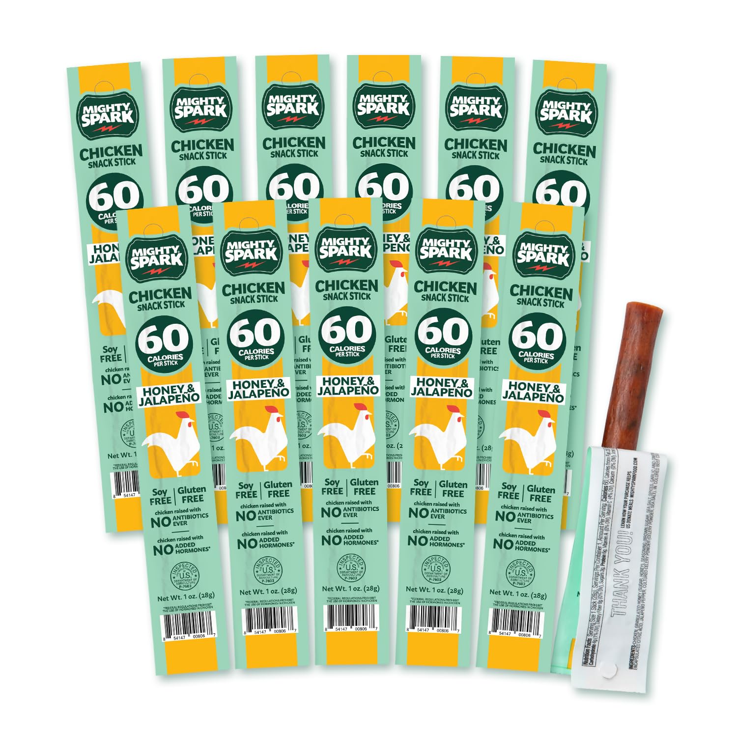 Mighty Spark Honey & Jalapeño chicken sticks in packaging for on-the-go protein