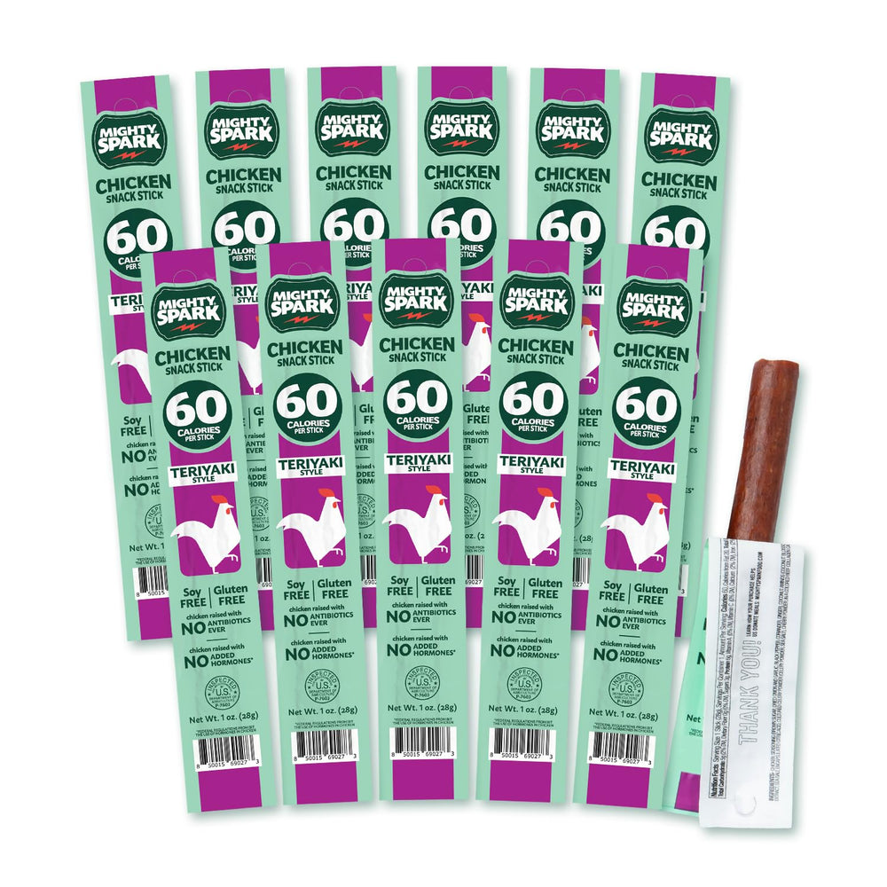 Mighty Spark Teriyaki Chicken Snack Sticks packaging shows premium, keto-friendly protein on the go