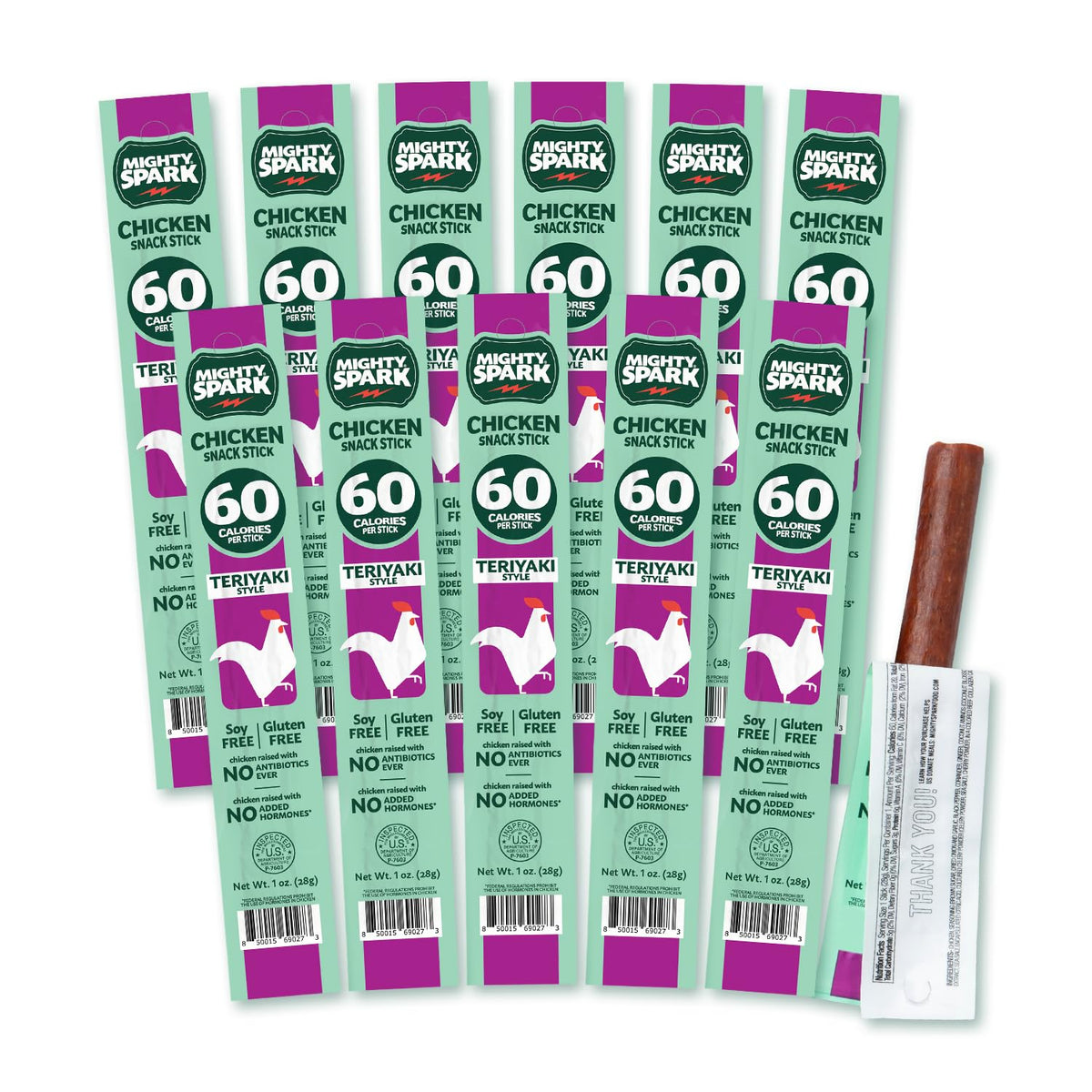 Mighty Spark Teriyaki Chicken Snack Sticks packaging shows premium, keto-friendly protein on the go