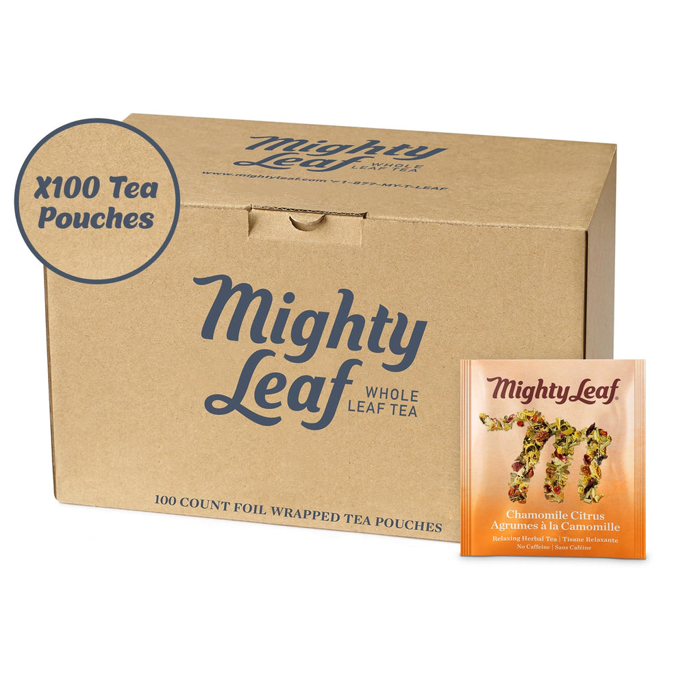 Mighty Leaf Chamomile Citrus tea pouch close-up with blooming herbs and soothing aroma.