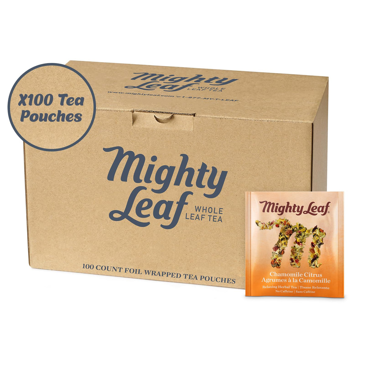 Mighty Leaf Chamomile Citrus tea pouch close-up with blooming herbs and soothing aroma.