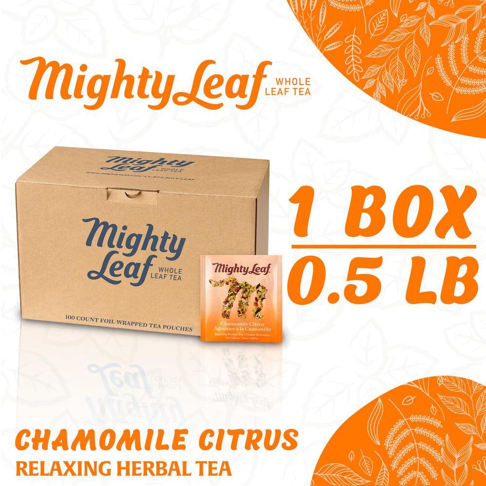 Steeping Mighty Leaf Chamomile Citrus tea in a cup showing citrus notes.
