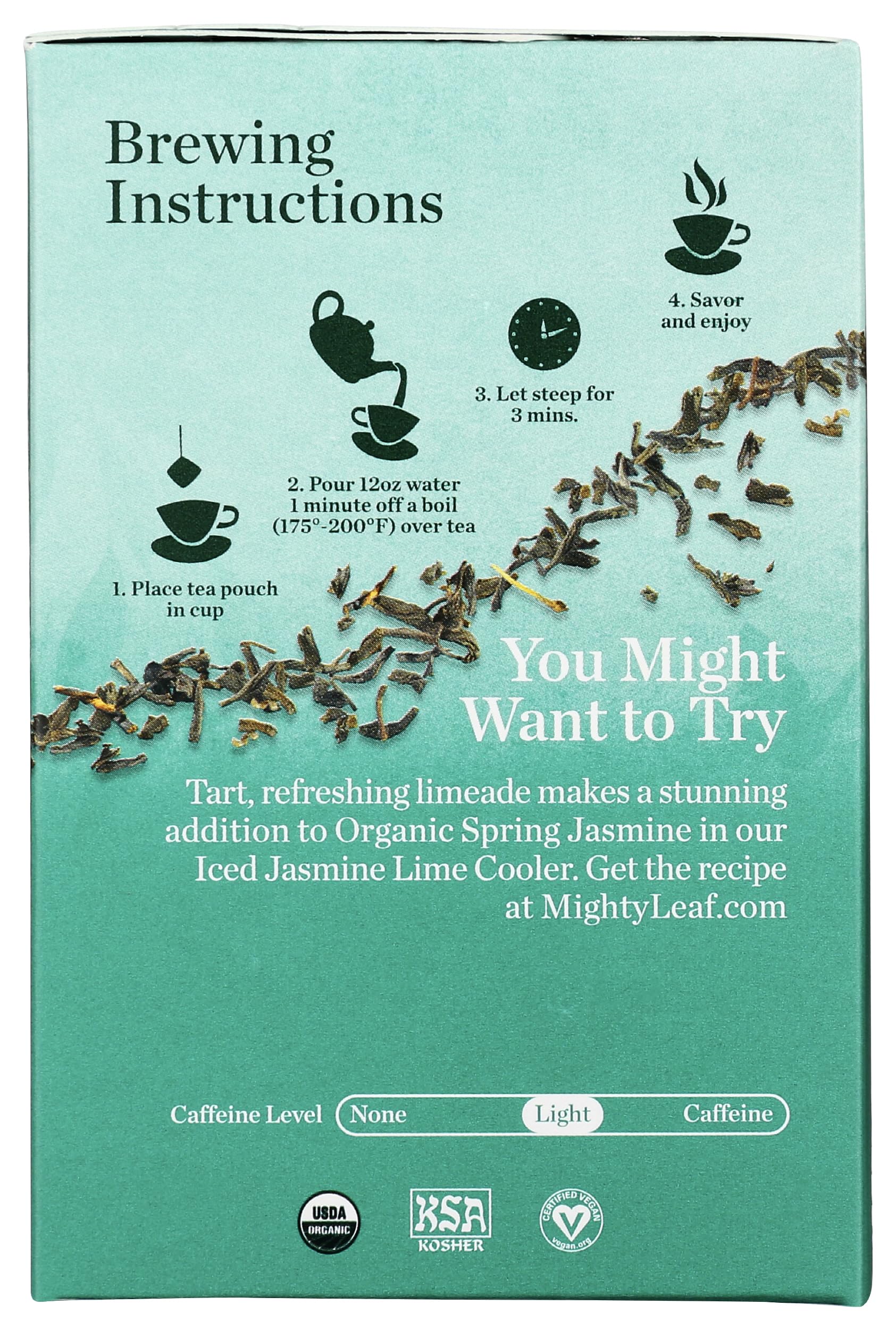 Mighty Leaf tea brew cup capturing a fragrant jasmine aroma.