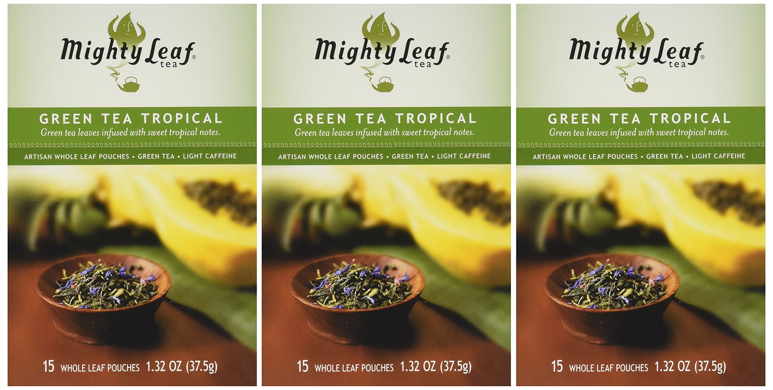 Mighty Leaf Tropical Green Tea pouch showing artisan whole leaves for a rich, smooth cup