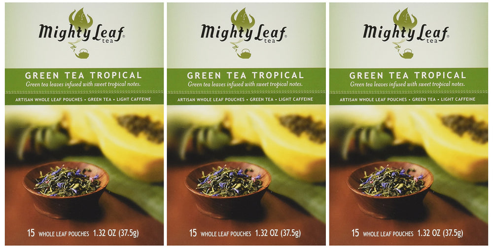Mighty Leaf Tropical Green Tea pouch showing artisan whole leaves for a rich, smooth cup