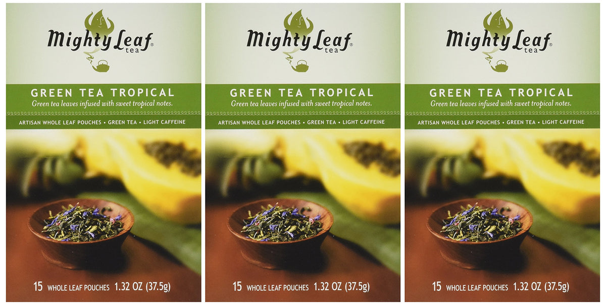 Mighty Leaf Tropical Green Tea pouch showing artisan whole leaves for a rich, smooth cup