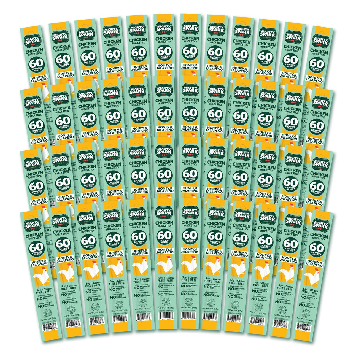 Mighty Spark Honey Jalapeño chicken snack stick pack showing portability and protein benefits.