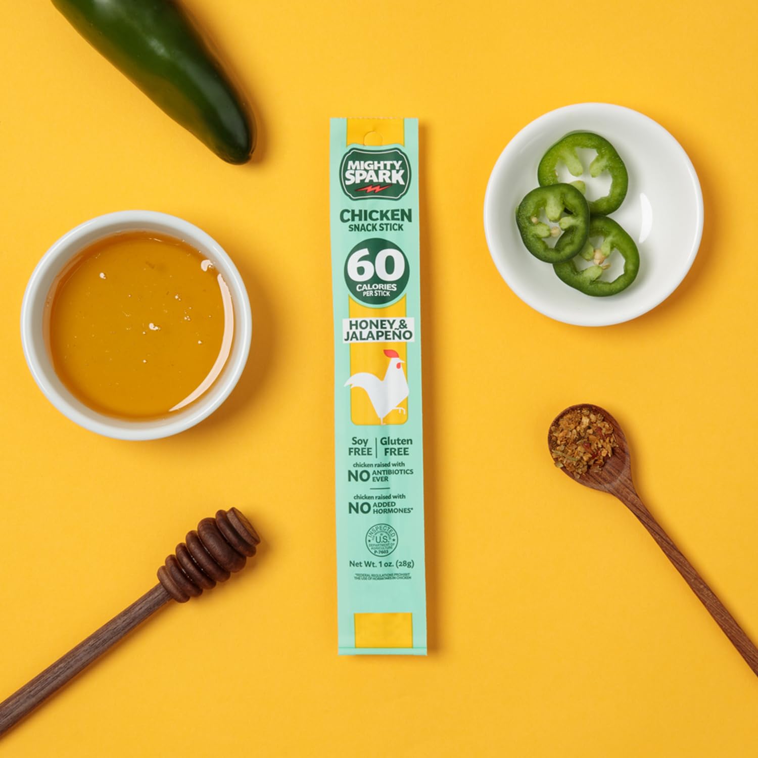 Mighty Spark nitrates-free antibiotic-free certification badge on the package.