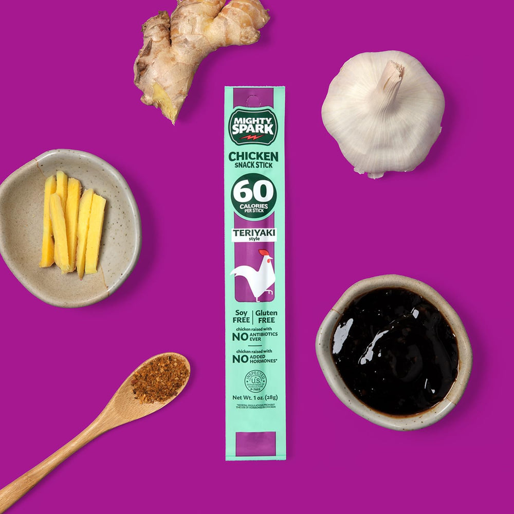 Mighty Spark teriyaki chicken snack stick gluten-free-label appeals to gluten-free snackers.