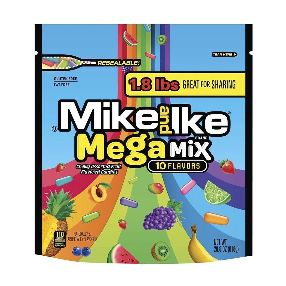 MIKE AND IKE Mega Mix bag front, resealable for easy sharing during movie night.