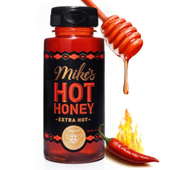 Mike's Hot Honey Extra Hot bottle front with flip cap for easy drizzle.