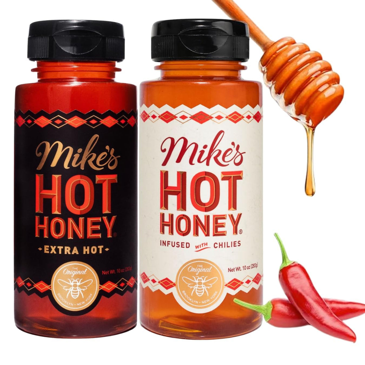 Mike's Hot Honey Original bottle pouring, versatile drizzle for pizza and cheese boards.