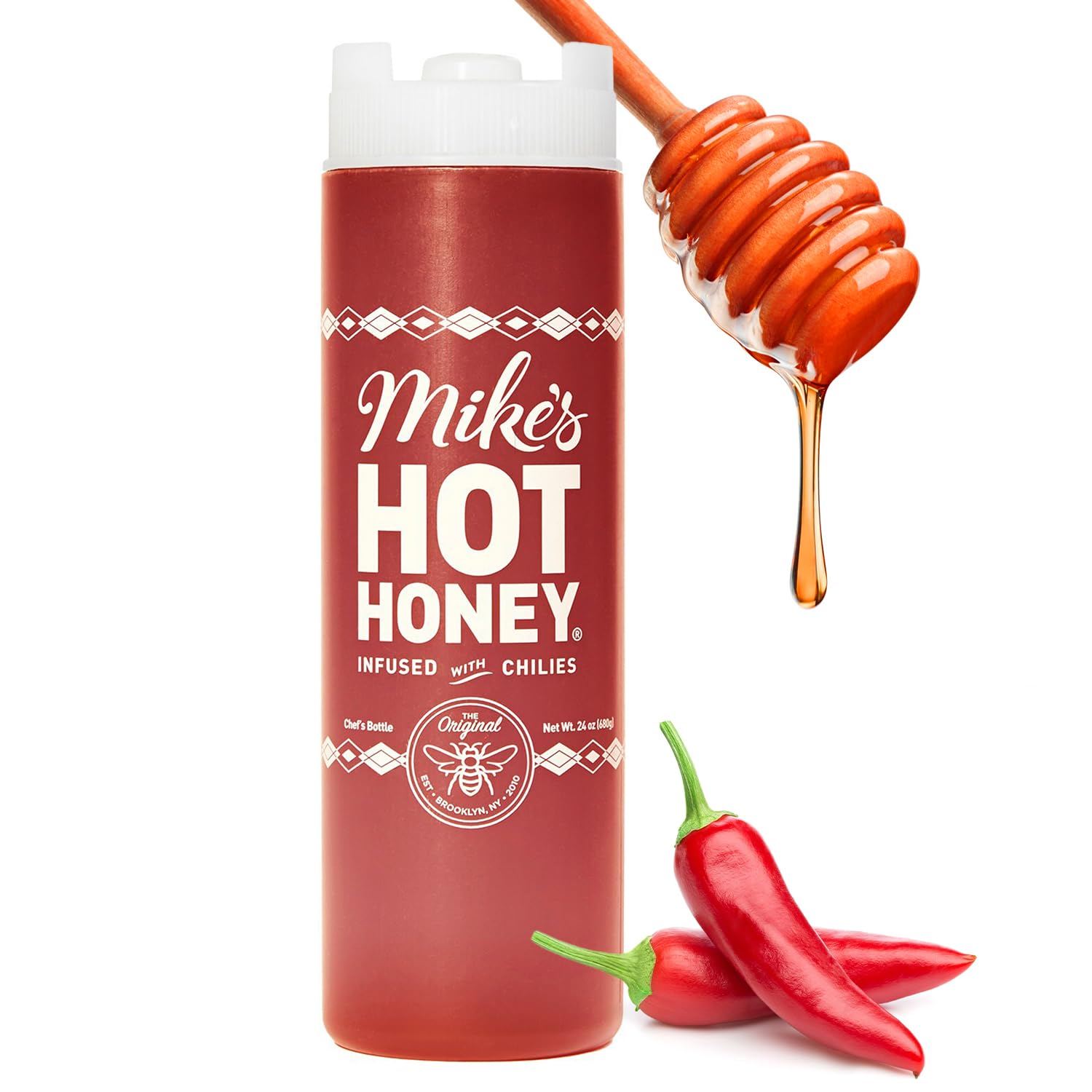 Mike's Hot Honey bottle with pour spout for easy kitchen use, ready to drizzle