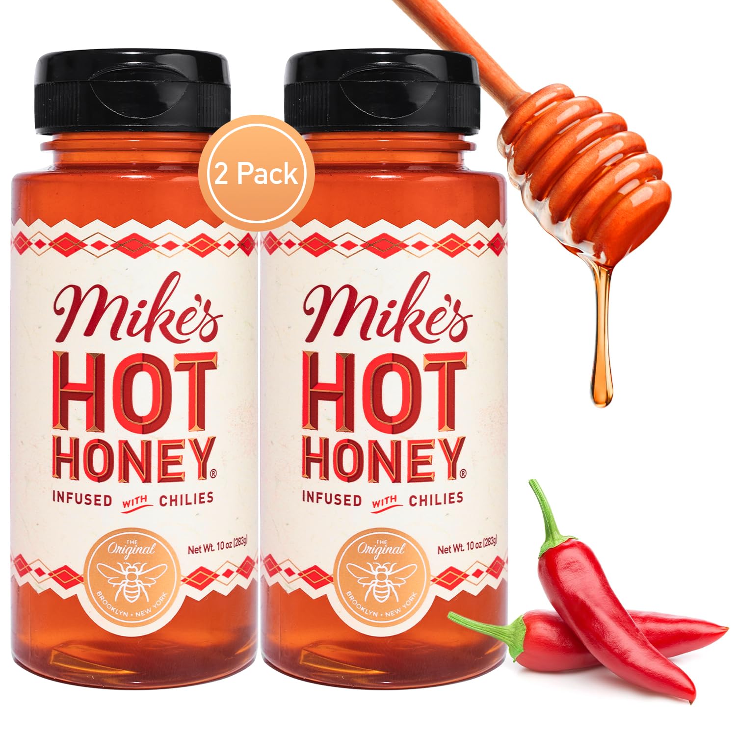 Mike's Hot Honey original bottle pouring over pizza for sweet heat