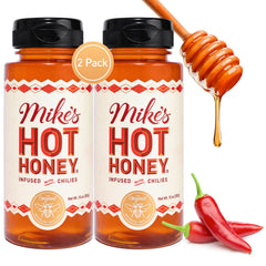 Mike's Hot Honey original bottle pouring over pizza for sweet heat